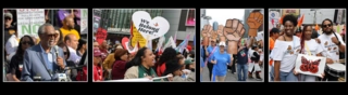 Immigration support banner with images of people at public demonstrations of support